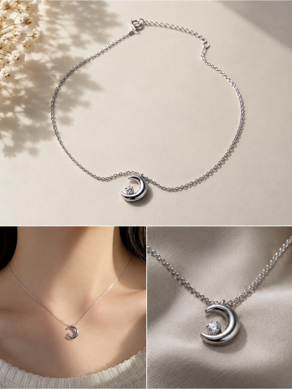 Stainless Steel Moon Pendant Necklace - Silver